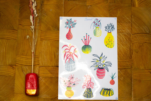 Stickers - planche A5 - Fleurs : Jaune, Rouge et vert