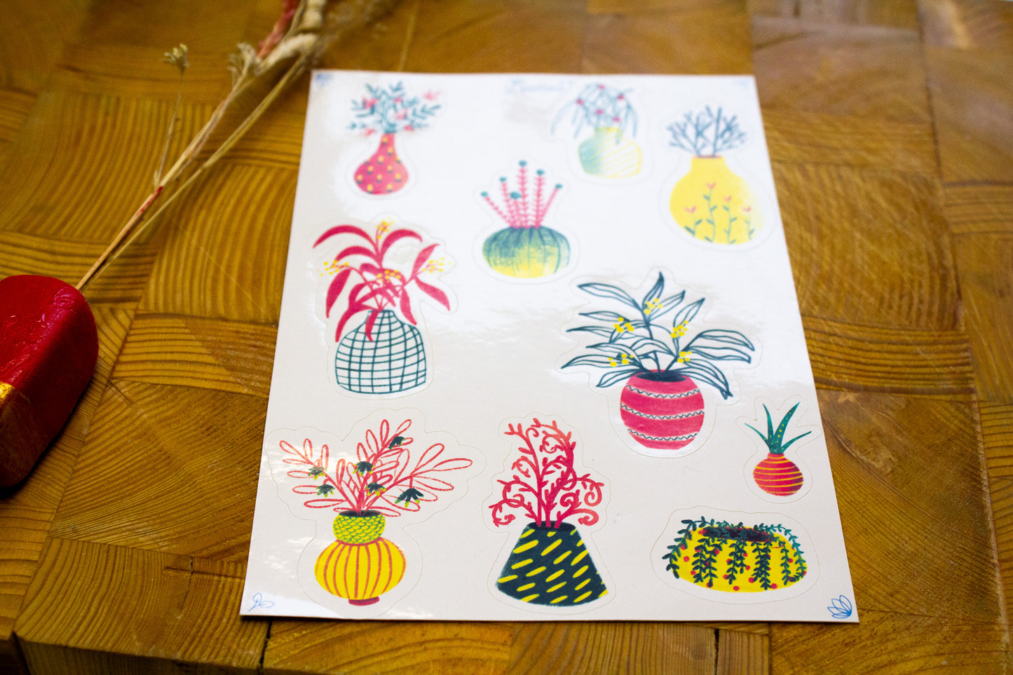 Stickers - planche A5 - Fleurs : Jaune, Rouge et vert